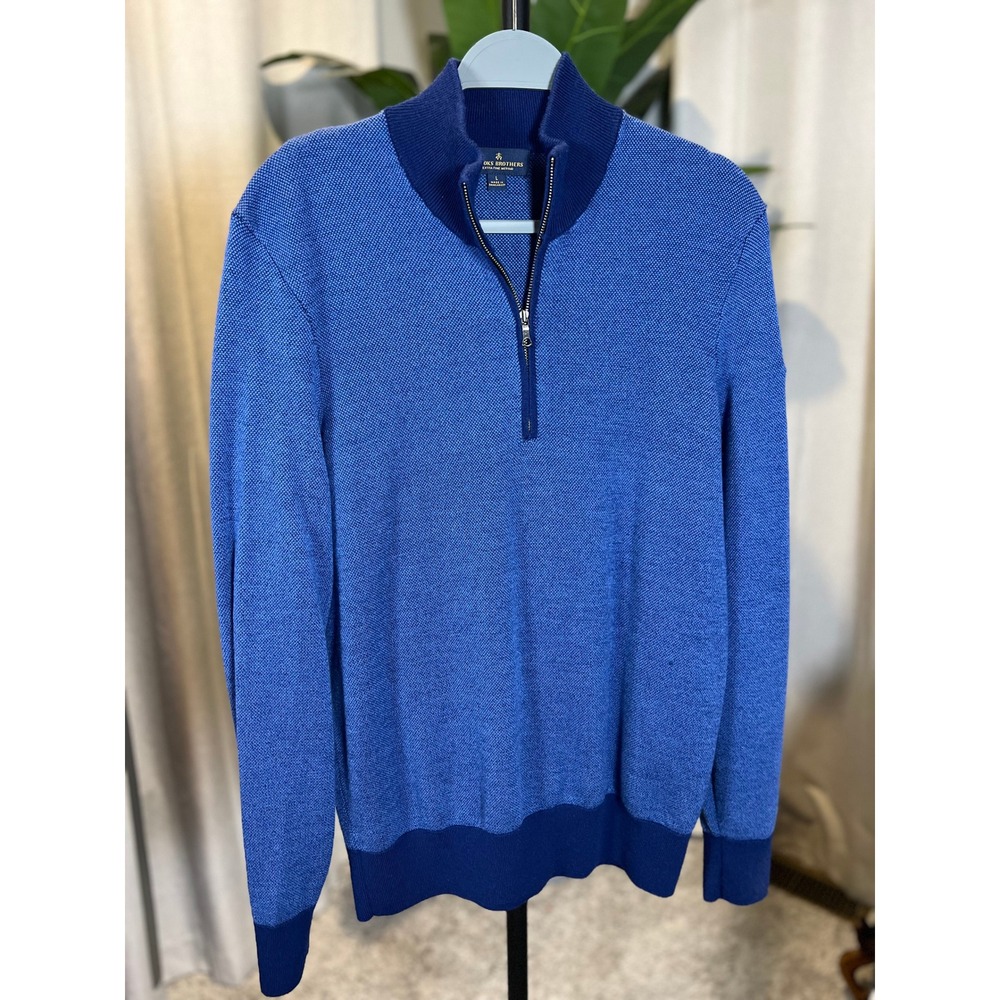 Brooks Brothers Mens Blue Merino Wool Quarter Zip Sweater Orexo Logo Size L